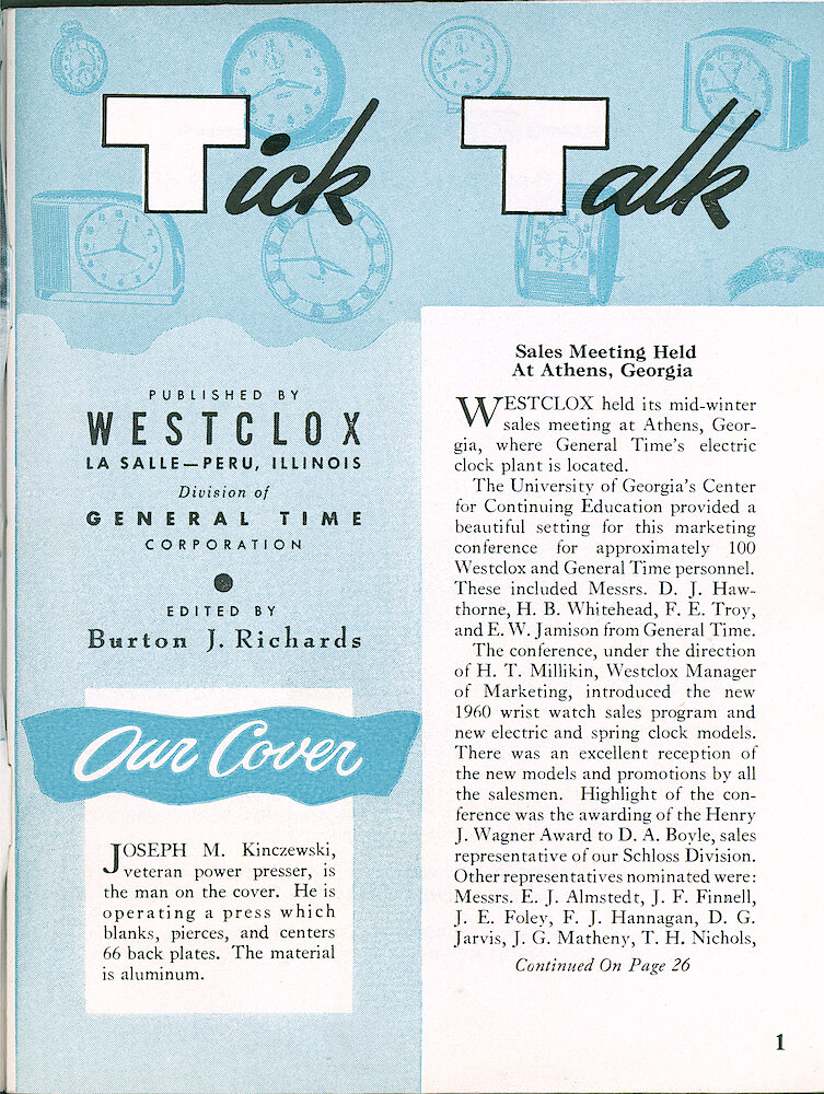 Westclox Tick Talk, January 1960, Vol. 45 No. 1 > 1. Cover Caption: Joseph M. Kinczeswki Of Power Press Is Operating Press Which Blanks, Centers And Pierces Model 66 Back Plates. The Material Is Aluminum