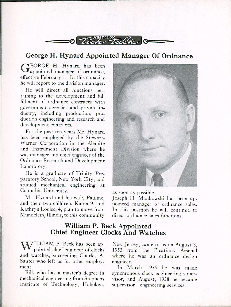 Westclox Tick Talk, January 1960, Vol. 45 No. 1 > 23. Personnel: "William P. Beck Appointed Chief Engineer Clocks And Watches"