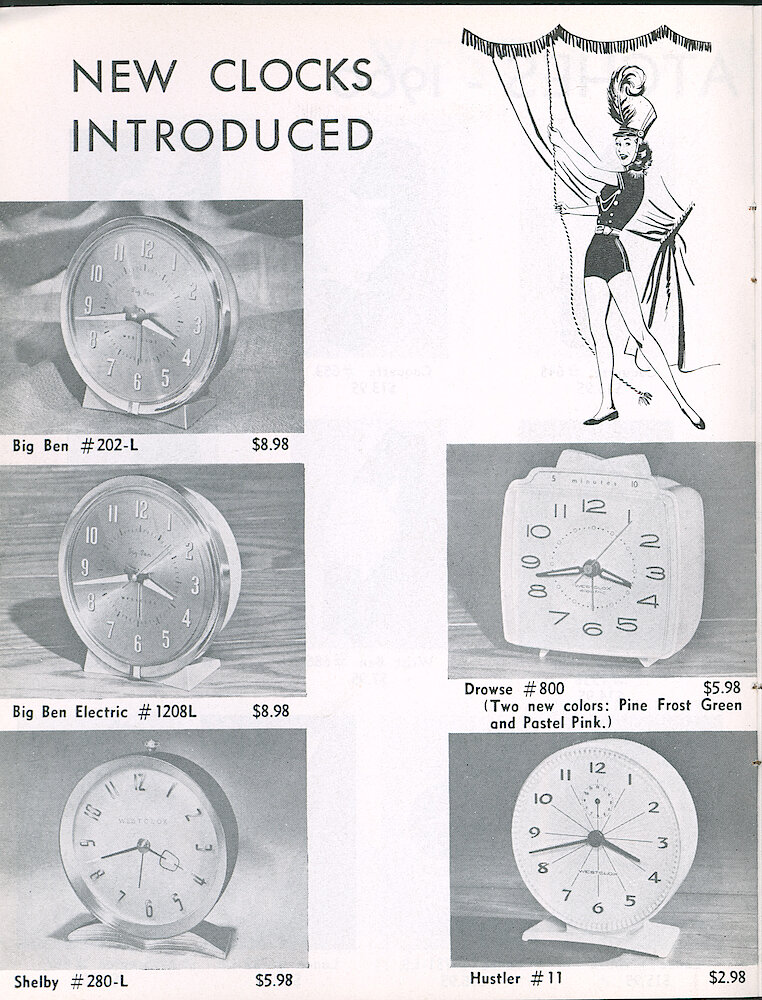 Westclox Tick Talk, March 1960, Vol. 45 No. 2 > 10. New Models: Big Ben 202-L Bronze Case, Gold Spun Dial (Style 7); Big Ben Electric 1208-L Bronze Case, Gold Spun Dial (Style 7); Shelby 280-L Black Case; Drowse 800 Two New Colors Pine Frost Green And Pastel Pink; Hustler Model 11 (Style 3).