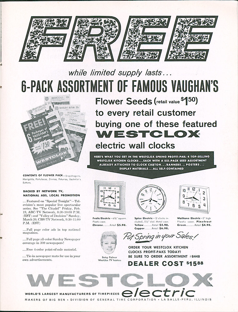 Westclox Tick Talk, March 1960, Vol. 45 No. 2 > 13. Advertisement: Dealer Ad For Westclox Electrics, Showing Frolic, Spice And Waltone.