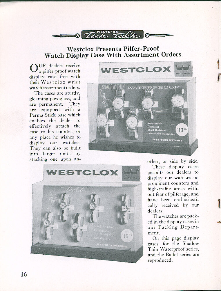 Westclox Tick Talk, March 1960, Vol. 45 No. 2 > 16. Marketing: Westclox Pilfer-proof Counter Top Displays For Wrist Watches.