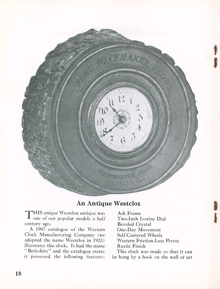 Westclox Tick Talk, March 1960, Vol. 45 No. 2 > 18. Historical Picture: The Berkshire, A 2 Inch Movement In A Slice Of Wood (ash), Sometimes Used With A Dealer Name On It. This Clock Is Shown In The 1907 Catalog.