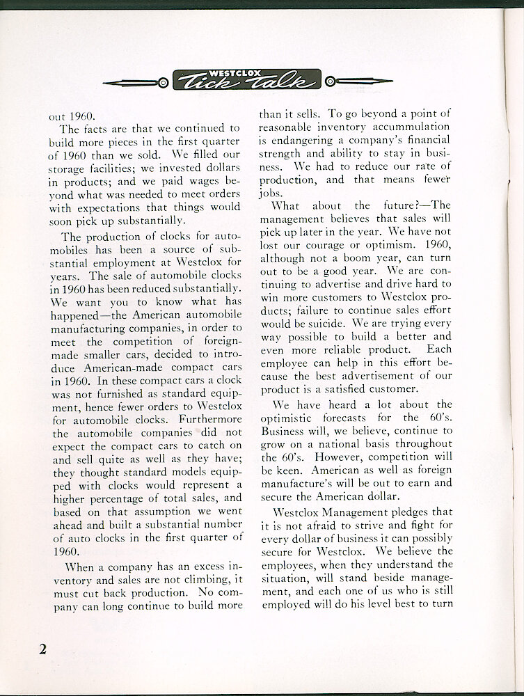 Westclox Tick Talk, April 1960, Vol. 45 No. 3 > 2. Corporate: "Why The Layoffs"