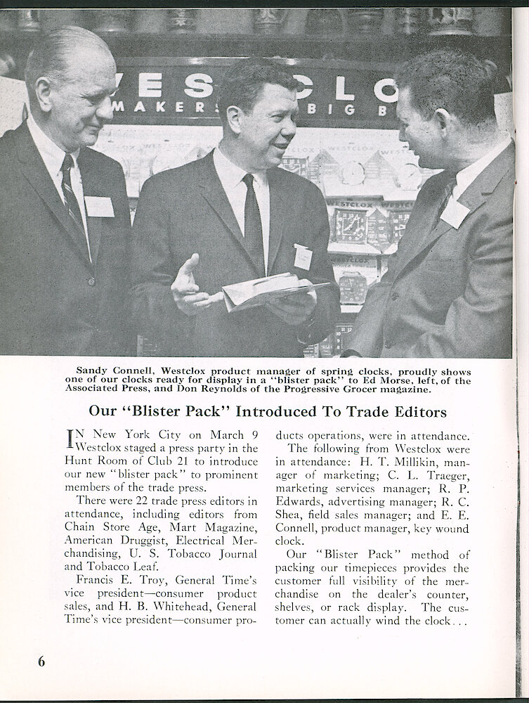 Westclox Tick Talk, April 1960, Vol. 45 No. 3 > 6. Marketing: "Our Blister Pack Introduced To Trade Editors" The Customer Can Wind Or Plugin The Clock And Even Test The Alarm While Packaged.