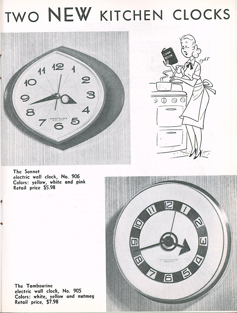 Westclox Tick Talk, April 1960, Vol. 45 No. 3 > 17. New Models: "Two NEW Kitchen Clocks" Electric Wall Clocks Sonnet And Tambourine.