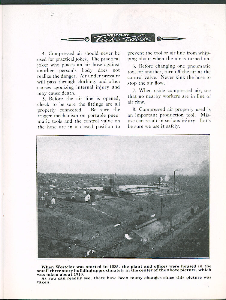 Westclox Tick Talk, April 1960, Vol. 45 No. 3 > 25. Historical Picture: "When Westclox Was Started In 1885, The Plant And Offices Were Housed In The Small Three Story Building Approximately In The Center Of The Above Picture, Which Was Taken About 1910."