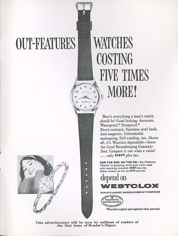 Westclox Tick Talk, April 1960, Vol. 45 No. 3 > 37. Advertisement: Shows The Man&039;s Self-winding Waterproof Wrist Watch And Ladies "Ballet" Wrist Watch. Appeared In May Reader&039;s Digest.