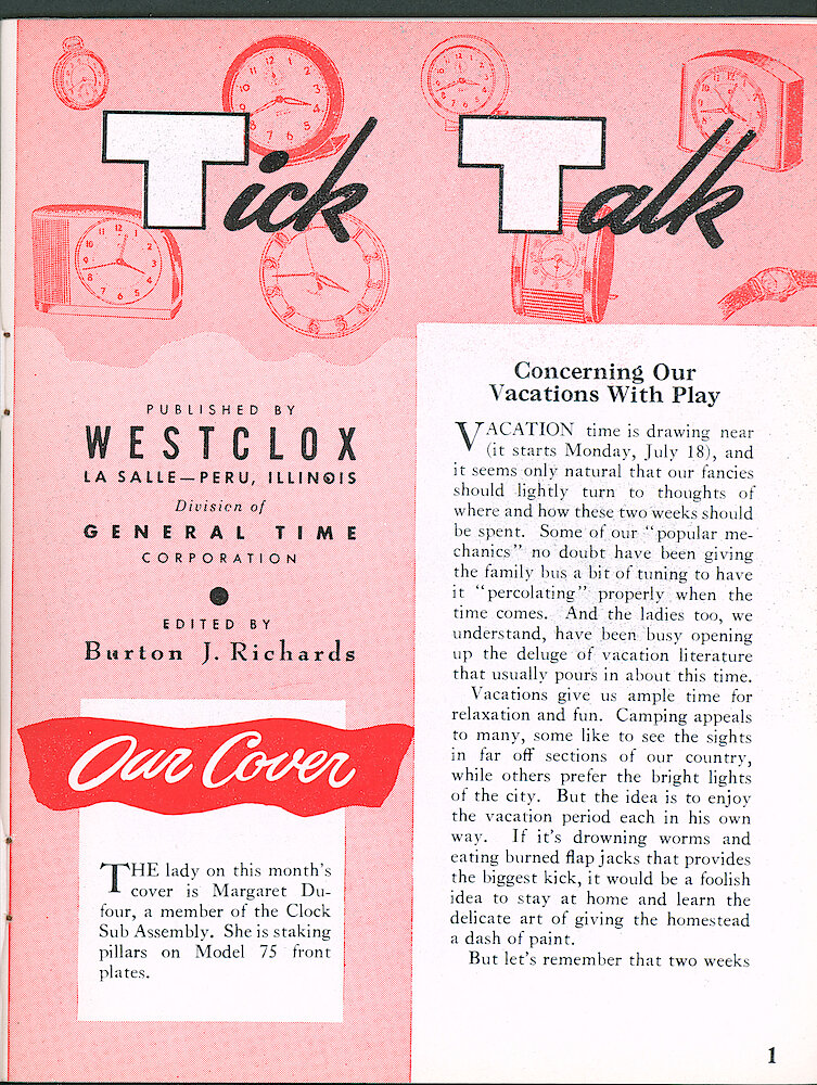 Westclox Tick Talk, May 1960, Vol. 45 No. 4 > 1. Cover Caption: "The Lady On This Month&039;s Cover Is Margaret Dufour, A Member Of Clock Sub Assembly. She Is Staking Pillars On A Model 75 Front Plate."