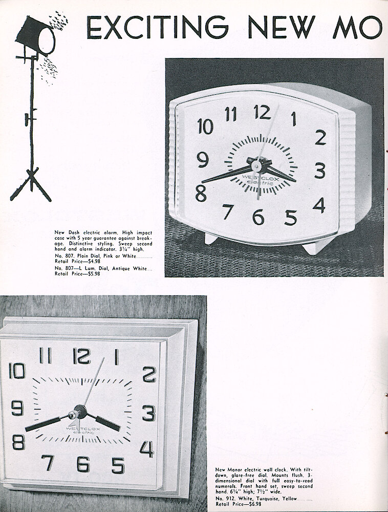 Westclox Tick Talk, May 1960, Vol. 45 No. 4 > 8. New Models: Dash Electric Alarm, Manor Electric Wall Clock.