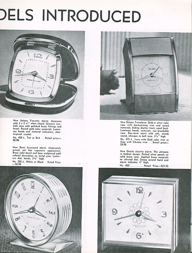 Westclox Tick Talk, May 1960, Vol. 45 No. 4 > 9. New Models: Deluxe Travette Alarm (travel Alarm); Deluxe Travalarm (travel Alarm); Dune Keywind Alarm; Oracle Electric Alarm.