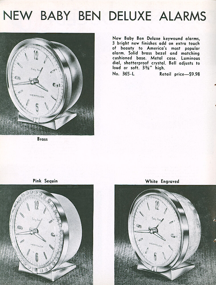 Westclox Tick Talk, May 1960, Vol. 45 No. 4 > 10. New Models: Baby Ben Deluxe Alarms - Brass, Pink Sequin, White Engraved.