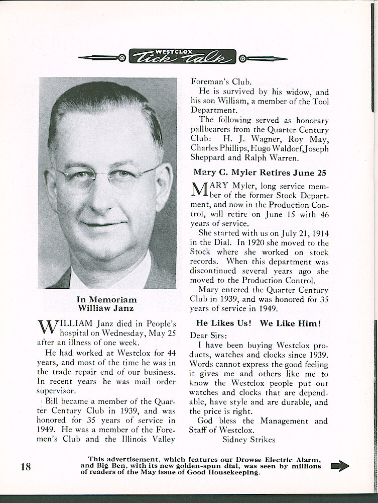 Westclox Tick Talk, May 1960, Vol. 45 No. 4 > 18. Advertisement Caption: For Ad On Page 19 "This Advertisement, Which Features Our Drowse Electric Alarm And Big Ben, With Its New Golden-spun Dial, Was Seen By Millions Of Readers Of The May Issue Of Good Housekeeping"