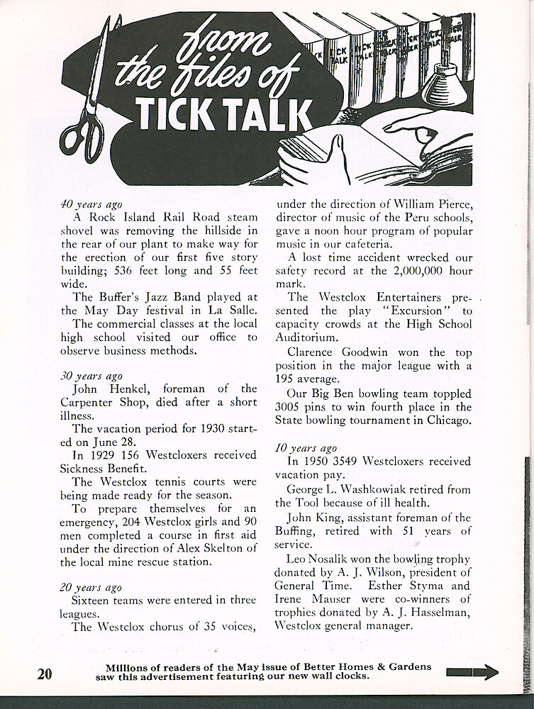 Westclox Tick Talk, May 1960, Vol. 45 No. 4 > 20. Advertisement Caption: For Ad On Page 21. "Millions Of Readers Of The May Issue Of Better Homes & Gardens Saw This Advertisement Featuring Our New Wall Clocks."