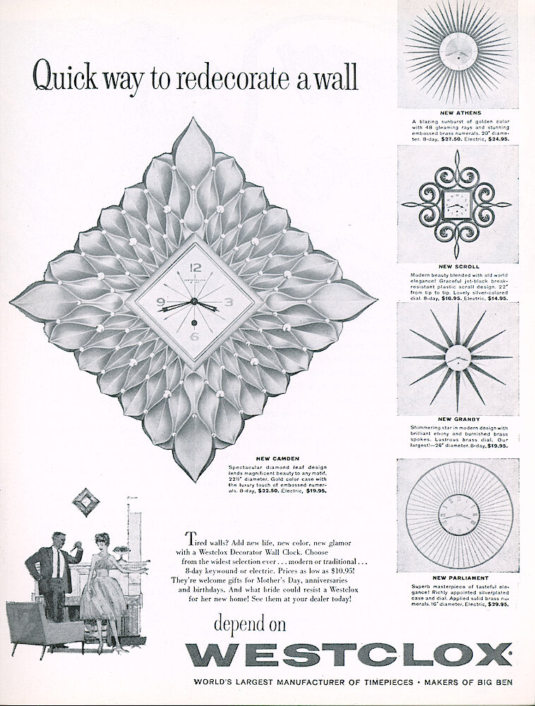 Westclox Tick Talk, May 1960, Vol. 45 No. 4 > 21. Advertisement: Electric Or Keywind Wall Clocks Camden&039; Athens (starburst), Scroll, Granby (starburst) And Parliament. May Issue Of Better Homes & Gardens. Caption On Page 20.