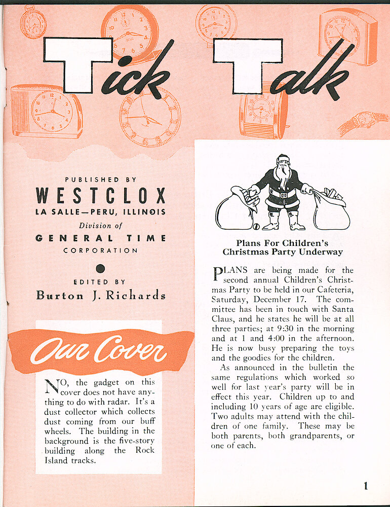 Westclox Tick Talk October 1960, Vol. 45 No. 7 > 1. Cover Caption: "No, The Gadget On This Cover Does Not Have Anything To Do With Radar. It&039;s A Dust Collector Which Collects Dust Coming From Our Buff Wheels. The Building In The Background Is The Five-story Building Along The Rock Island Tracks."