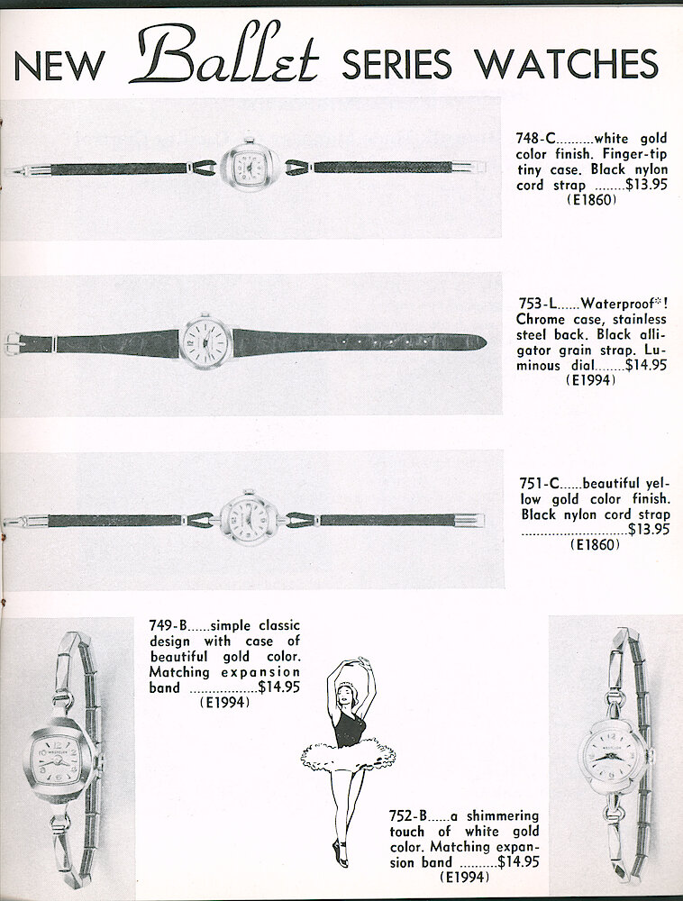 Westclox Tick Talk October 1960, Vol. 45 No. 7 > 7. New Products: Ballet Series Ladies Wrist Watches. 748-C, 753-L, 751-C, 749-B And 752-B.