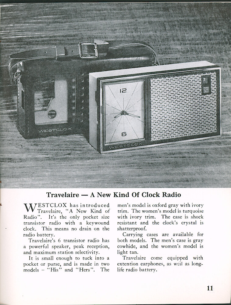 Westclox Tick Talk October 1960, Vol. 45 No. 7 > 11. New Products: Travelaire Clock Radio. Pocket Size 6 Transistor Radio With Key Wind Clock. Oxford Gray With Ivory Trim Or Turquoise With Ivory Trim.