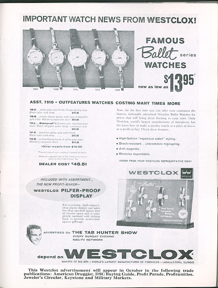 Westclox Tick Talk October 1960, Vol. 45 No. 7 > 15. Advertisement: Ballet Ladies Wrist Watches, Shows Five Models. "This Ad Will Appear In October In The Following Trade Publications: American Druggist, DSC Buying Guide, Profit Parade, Profitunities, Jeweler&039;s Circular, Keystone And Military Markets."