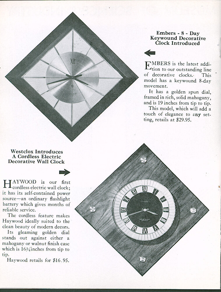 Westclox Tick Talk October 1960, Vol. 45 No. 7 > 20. New Models: Embers 8-day Keywound Decorative Clock, Haywood Cordless Decorative Wall Clock. "Haywood Is Our First Cordless Electric Wall Clock."