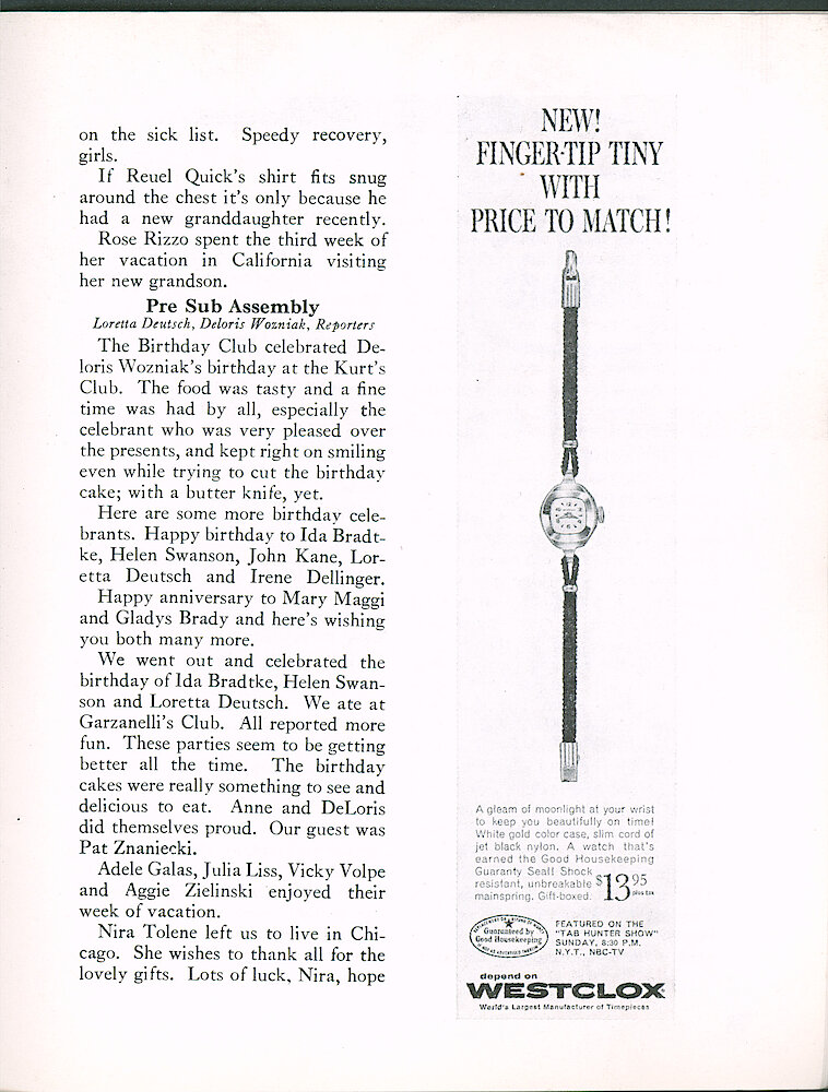 Westclox Tick Talk October 1960, Vol. 45 No. 7 > 27. Advertisement: A Small Ladies Wrist Watch (doesn&039;t Say What Model It Is). Advertised On The Tab Hunter Show.