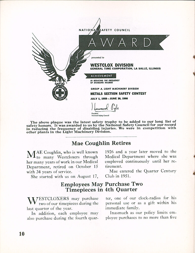 Westclox Tick Talk November 1960, Vol. 45 No. 8 > 10. Personnel: "Employees May Purchase Two Timepieces In 4th Quarter"