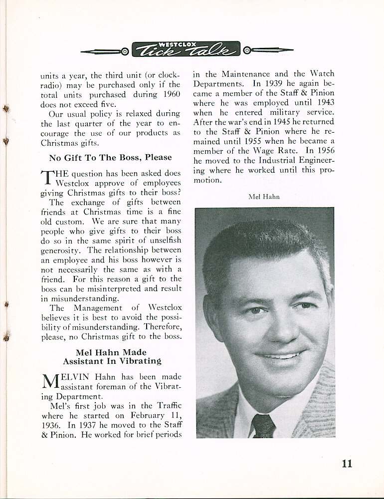 Westclox Tick Talk November 1960, Vol. 45 No. 8 > 11. Personnel: "Employees May Purchase Two Timepieces In 4th Quarter" (and May Purchase A Clock-radio If Total Units Purchases During 1960 Does Not Exceed Five.)