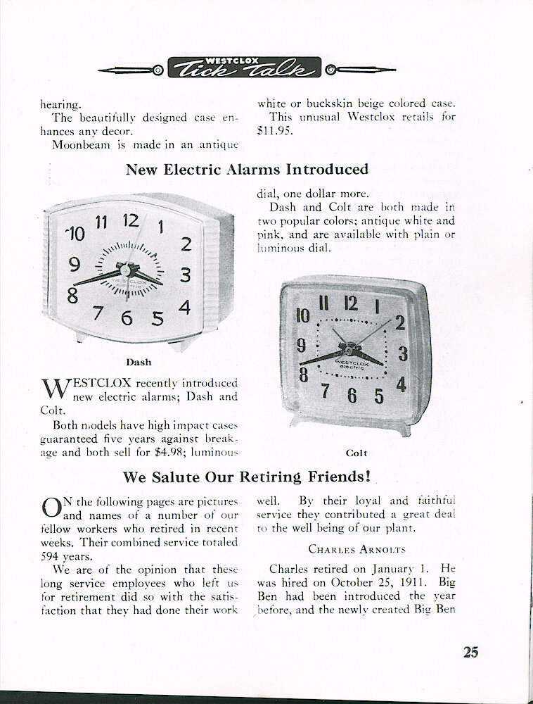 Westclox Tick Talk January 1961, Vol. 46 No. 1 > 25. New Models: Electric Alarm Clocks Dash And Colt