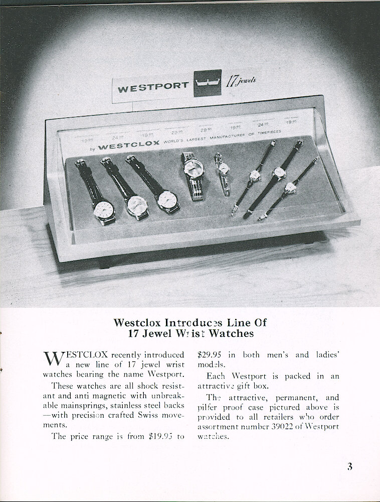 Westclox Tick Talk March 1961, Vol. 46 No. 2 > 3. New Models: The Westport Line Of 17 Jewel Wrist Watches, Man&039;s And Ladies. Prices From $19.95 To $29.95. Swiss Movements.