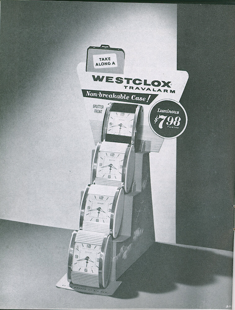 Westclox Tick Talk March 1961, Vol. 46 No. 2 > 6. New Models: Travalarm In Seafoam Green And Danube Blue (in Addition To Previous Two Models Of Black And Ivory). Price $7.98. Shows A Dealer&039;s Display Of Four Travalarm. Caption On Page 7.