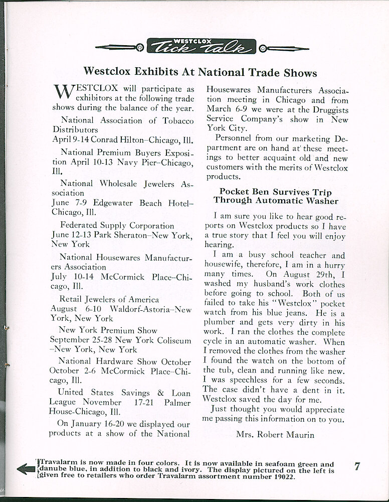 Westclox Tick Talk March 1961, Vol. 46 No. 2 > 7. Picture Caption: For Page 6. "Travalarm Is Now Made In Four Colors. It Is Now Available In Seafoam Green And Danube Blue, In Addition To Black And Ivory. The Display Pictured On The Left Is Given Free To Retailers Who Order Travalarm Assortment Number 19022."