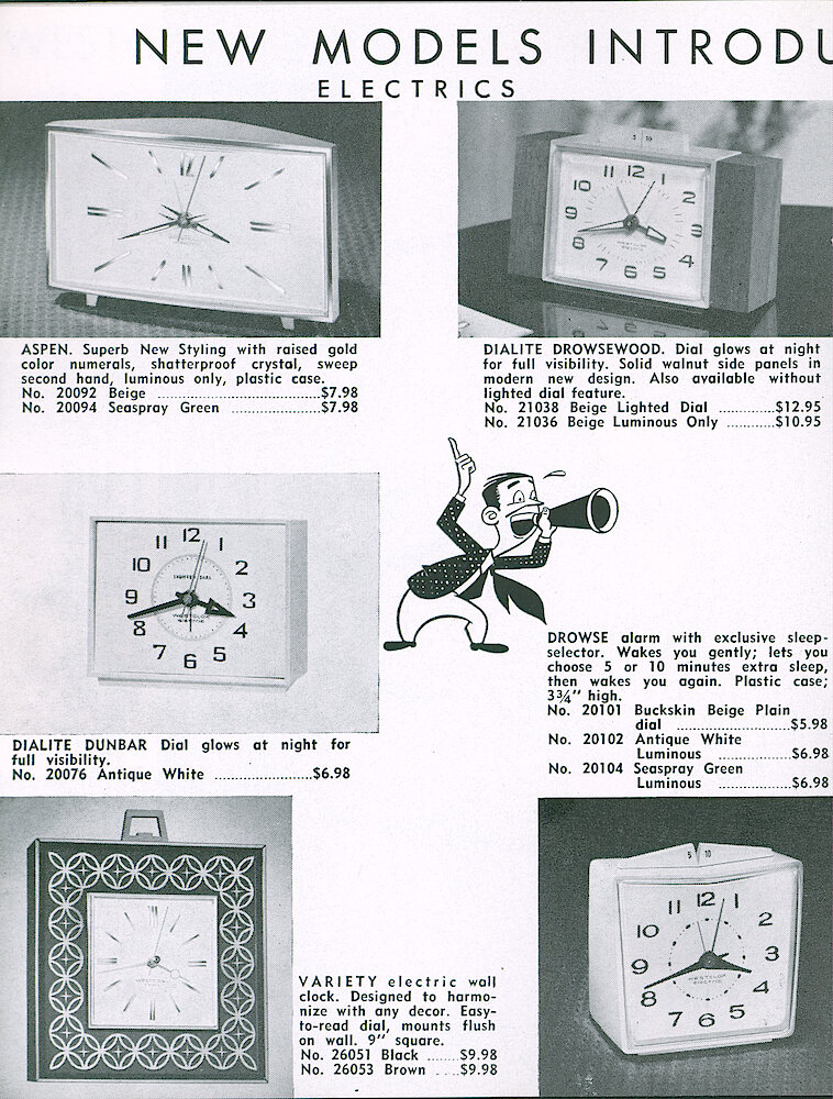 Westclox Tick Talk June-July 1961, Vol. 46 No. 4 > 14. New Models: Electric Clocks Aspen Alarm, Dialite Drowsewood Alarm, Dialite Dunbar Alarm, Drowse Alarm, Variety Wall Clock.