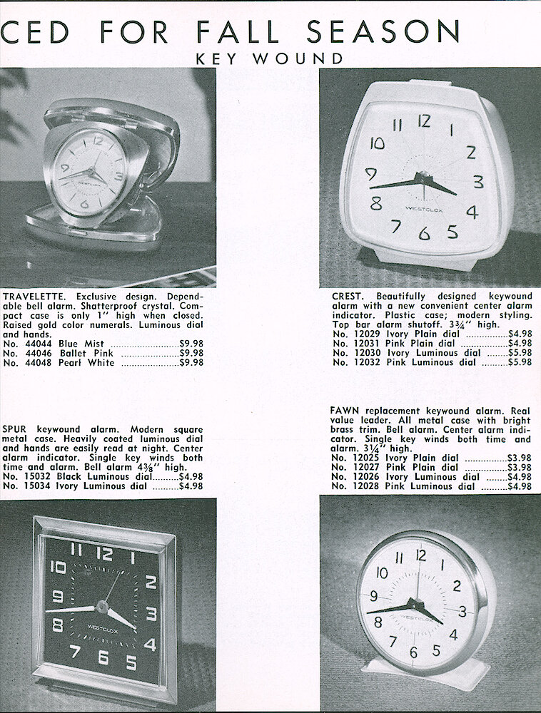 Westclox Tick Talk June-July 1961, Vol. 46 No. 4 > 15. New Models: Key Wound Alarms Travelette, Crest, Spur (Style 2a), Fawn (Style 2).