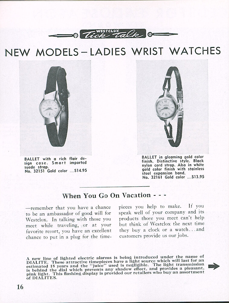 Westclox Tick Talk June-July 1961, Vol. 46 No. 4 > 16. New Models: Ladies Watches Ballet 32151 And 32161. PICTURE CAPTION: For Page 17 "A New Line Of Lighted Electric Alarms . . .: