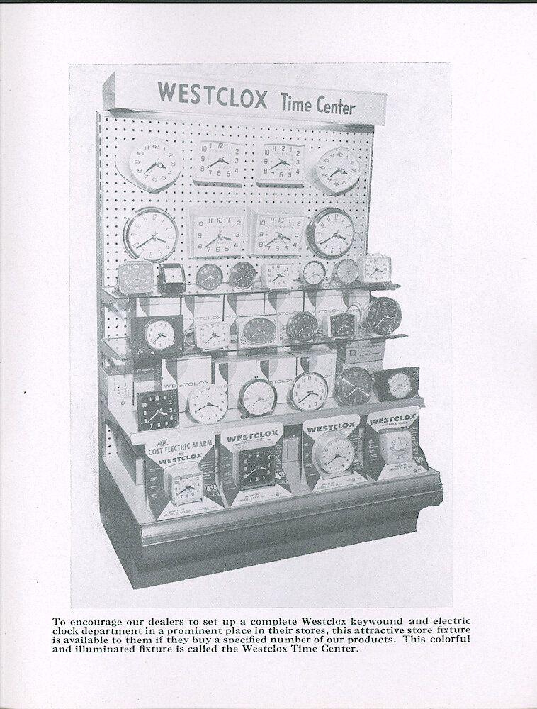 Westclox Tick Talk June-July 1961, Vol. 46 No. 4 > 29. Marketing: A Store Fixture For Displaying Electric And Keywound Clocks. Includes Wall Clocks.