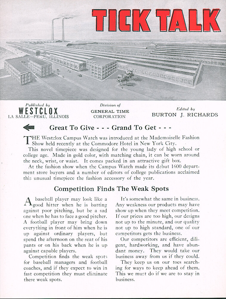 Westclox Tick Talk August 1961, Vol. 46 No. 5 > 1. Picture Caption: Caption For The Westclox Campus Watch On Page 0.