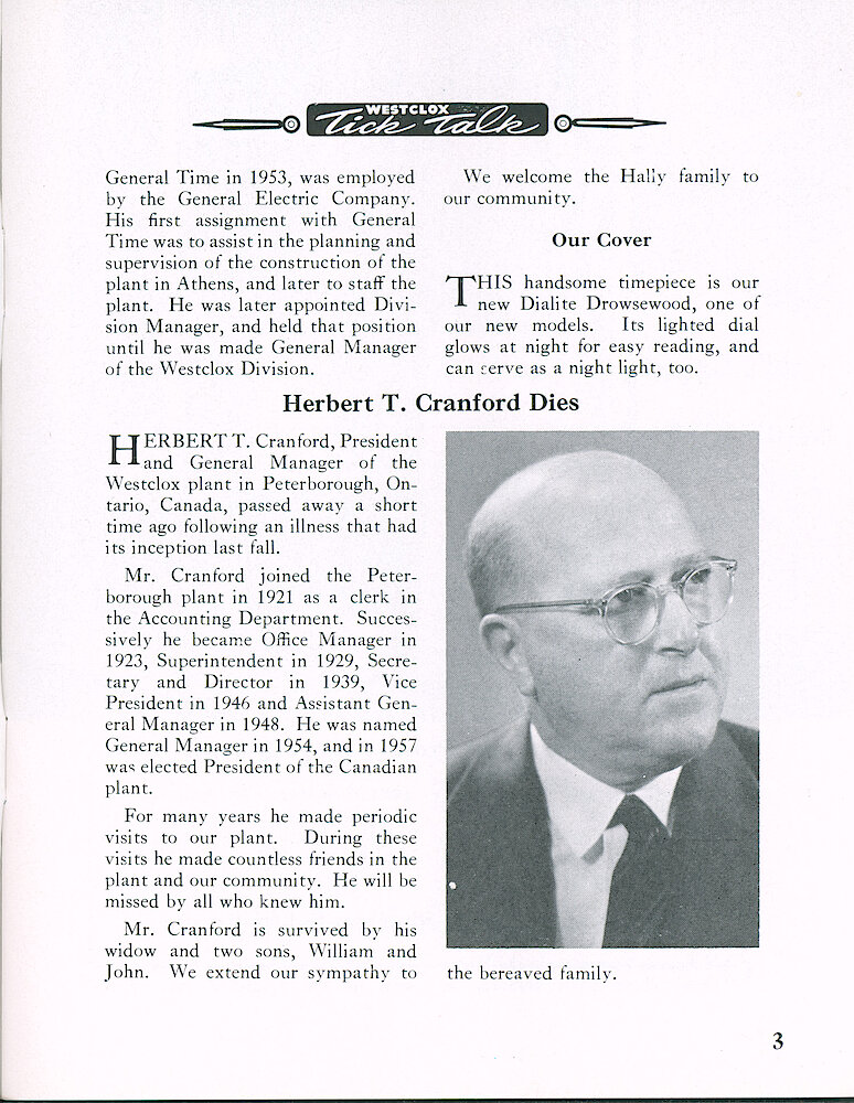 Westclox Tick Talk August 1961, Vol. 46 No. 5 > 3. Cover Caption: "This Handsome Timepiece Is Our Dialite Drowsewood, One Of Our New Models. Its Lighted Dial Glows At Night For Easy Reading, And Can Serve As A Nightlight, Too."