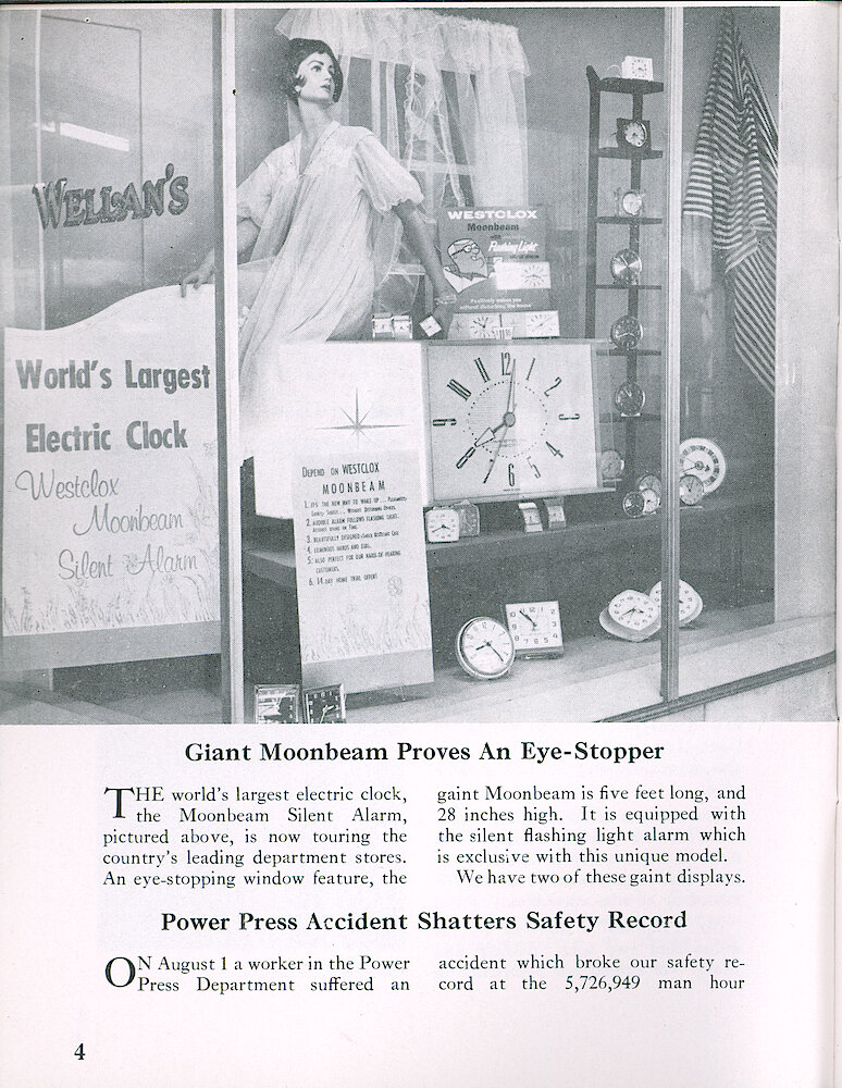 Westclox Tick Talk August 1961, Vol. 46 No. 5 > 4. Marketing: "Giant Moonbeam Proves An Eye-Stopper" A Giant Moonbeam, 5 Feet Long And 28 Inches Tall Is Touring The Country.