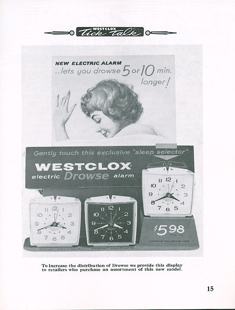 Westclox Tick Talk August 1961, Vol. 46 No. 5 > 15. Marketing: A Display Of The 5/10 Minute Drowse Alarms.