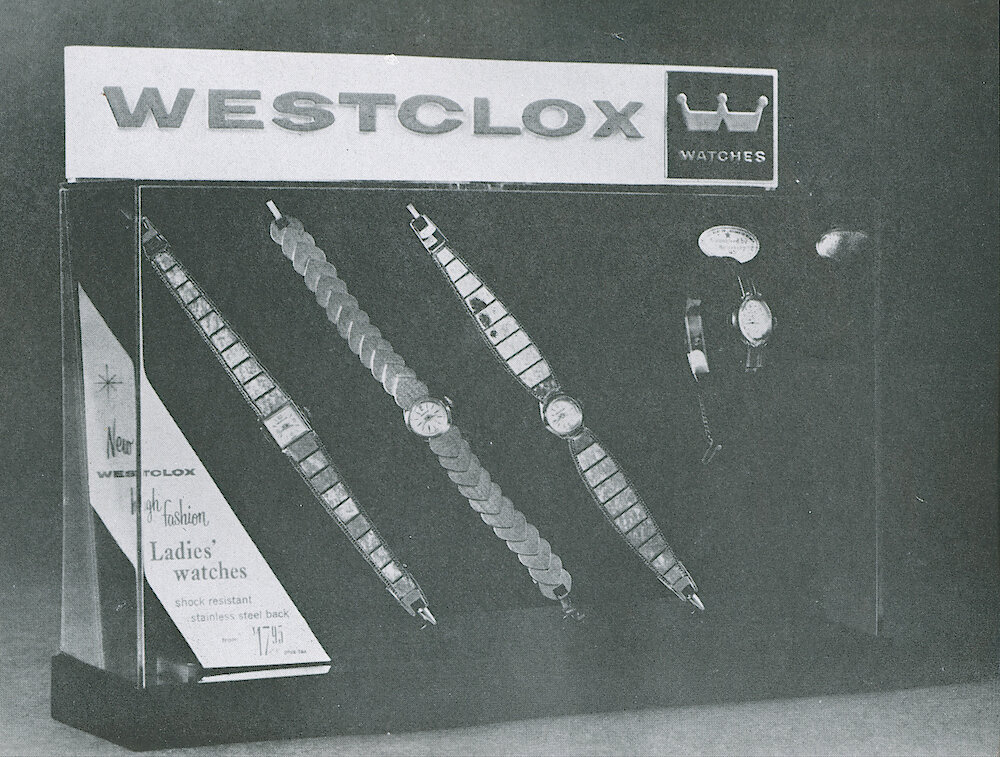 Westclox Tick Talk October 1961, Vol. 46 No. 6 > 33. Marketing: A Display Case Of Golden Ballet Wrist Watces. Caption On Page 32.