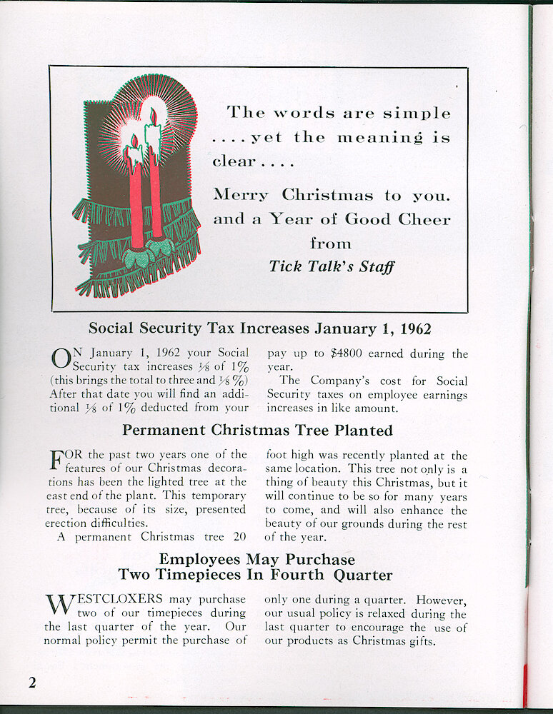 Westclox Tick Talk December 1961, Vol. 46 No.  > 2. Personnel: "Employees May Purchase Two Timepieces In Fourth Quarter"