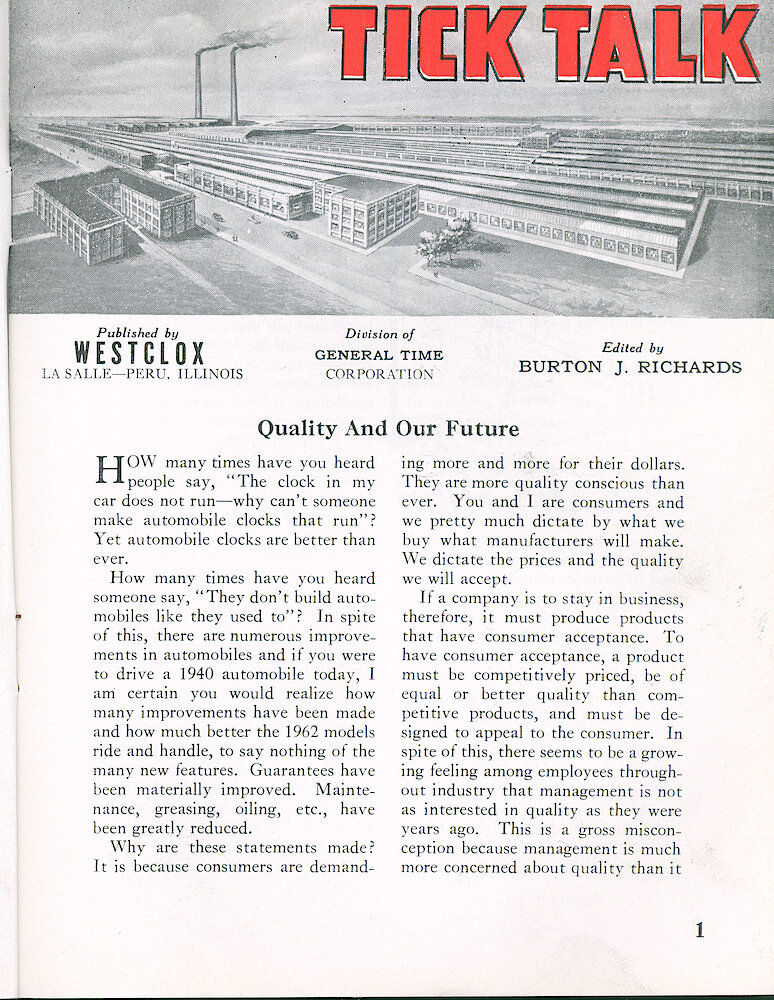 Westclox Tick Talk April 1962, Vol. 47 No. 2 > 1. Manufacturing: Marketing: "Quality And Our Future"