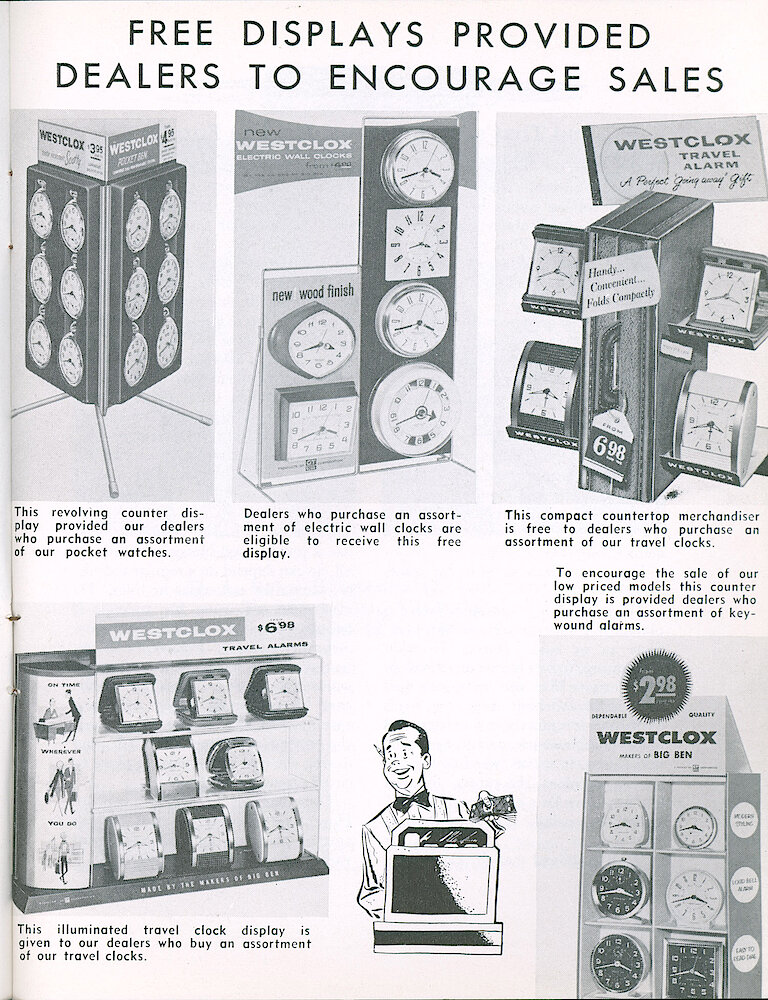 Westclox Tick Talk April 1962, Vol. 47 No. 2 > 7. Marketing: "Free Displays Provided To Dealers To Encourage Sales" Displays Of Pocket Watches, Electric Wall Clocks, Travel Clocks (two Displays), Low Price Models.