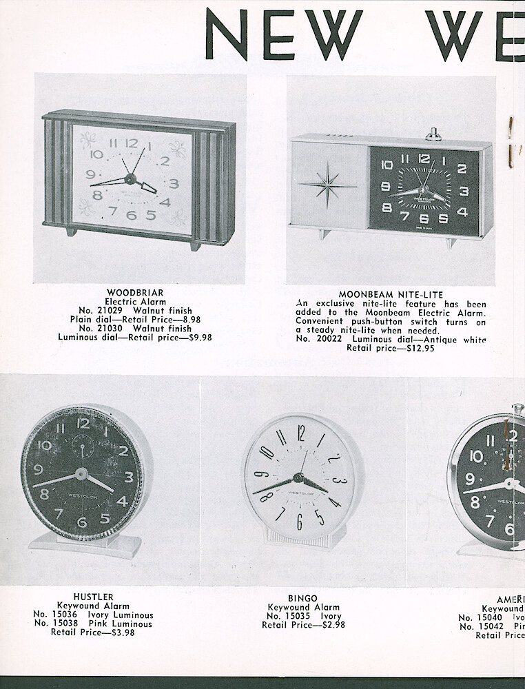 Westclox Tick Talk April 1962, Vol. 47 No. 2 > 14. New Models: Woodbriar Electric Alarm,  Moonbeam Night-lite, Hustler Style 2, Bingo Style 3.