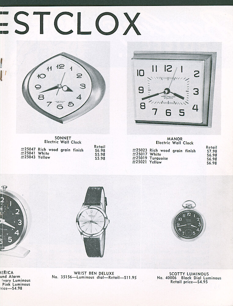 Westclox Tick Talk April 1962, Vol. 47 No. 2 > 15. New Models: Sonnet Electric Wall Clock, Manor Electric Wall Clock, Wrist Ben Deluxe, Scotty Luminous (Style 3).