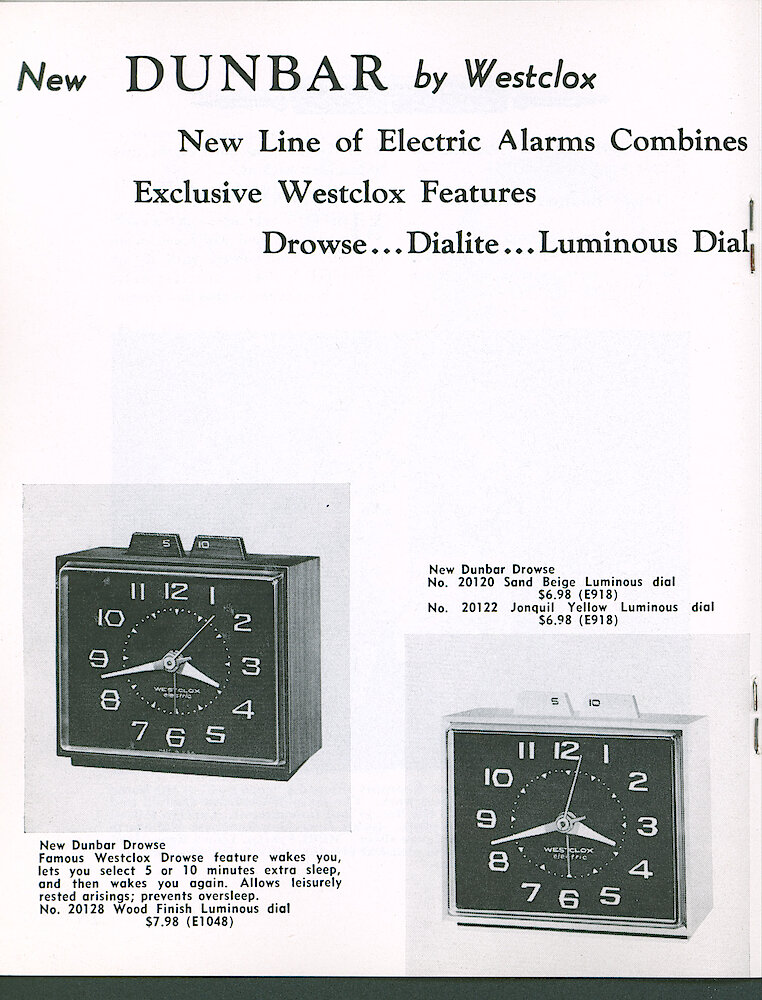 Westclox Tick Talk June-July 1962 > 14. New Models: Dunbar Drowse In Three Colors.