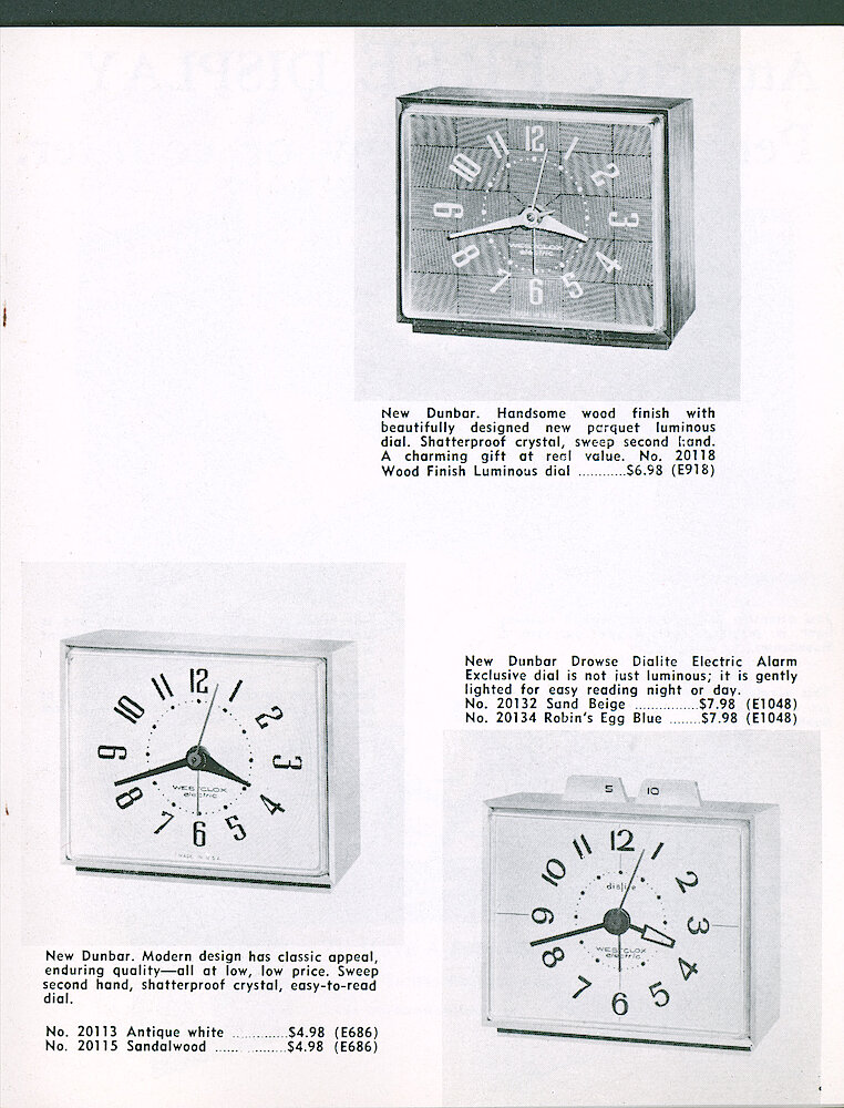 Westclox Tick Talk June-July 1962 > 15. New Models: Dunbar Electric Alarm In Three Colors, Dunbar Drowse Dialite In Three Colors.