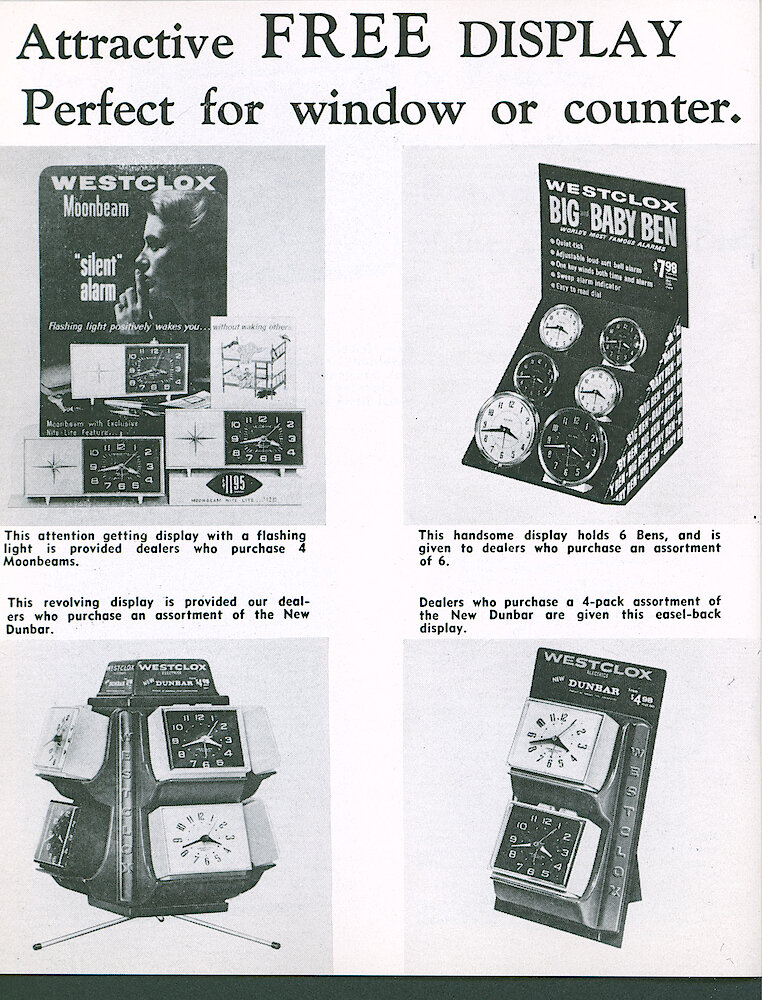 Westclox Tick Talk June-July 1962 > 16. Marketing: Four Window/counter Displays. Moonbeam, Big Ben And Baby Ben, Dunbar Electric Alarm, Small Dunbar Display.