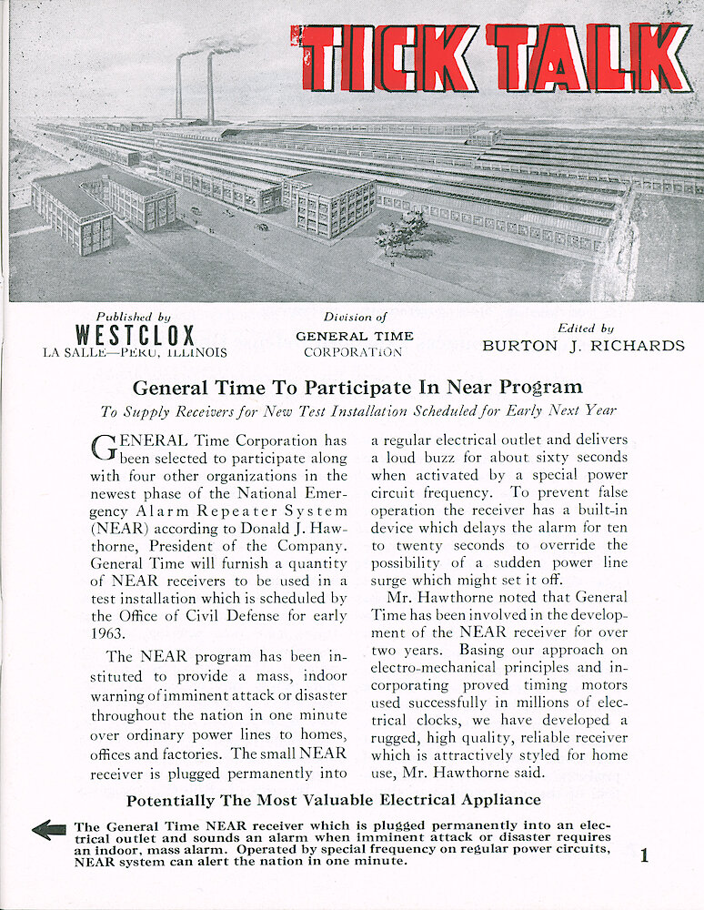 Westclox Tick Talk August 1962 > 1. Corporate: "General Time To Participate In NEAR Program" (National Emergency Alarm Repeater System). COVER CAPTION: "Potentially The Most Valuable Electrical Appliance"