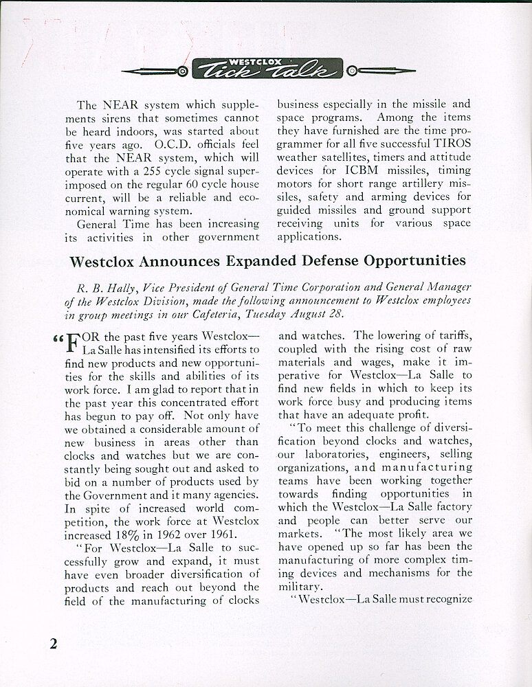 Westclox Tick Talk August 1962 > 2. Corporate: "General Time To Participate In NEAR Program". CORPORATE: "Westclox Announces Expanded Defense Opportunities"