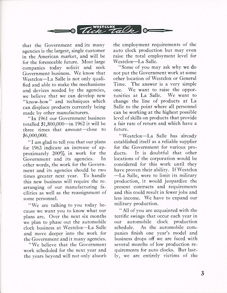 Westclox Tick Talk August 1962 > 3. Corporate: "Westclox Announces Expanded Defense Opportunities"